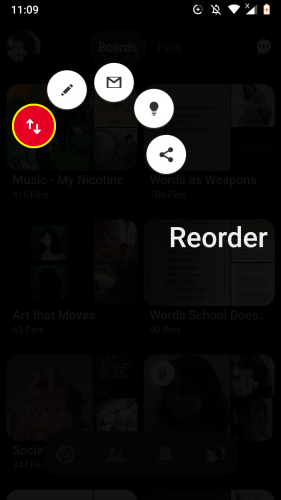 Rearranging boards on Pinterest app. 