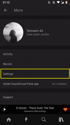 Opening settings on SoundCloud app for Android to turn on/off notifications. 