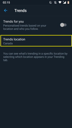 Changing the location of Twitter trends on Android app. 
