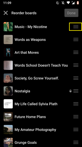 Rearranging boards on Pinterest app. 