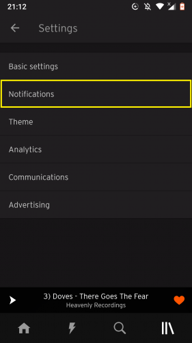 Accessing notifications settings on SoundCloud app for Android to turn them on or off.