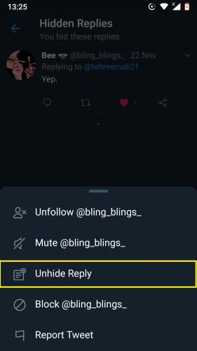 Unhide a reply on Twitter.