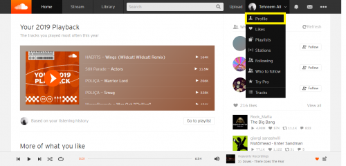 Accessing your own profile on SoundCloud browser version. 
