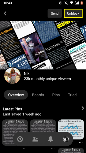 Unblocking someone on Pinterest via Android app after latest 2019 updates.