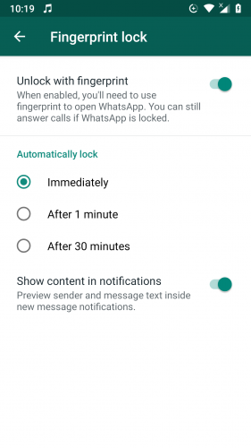 Fingerprint lock feature on WhatsApp with its settings.