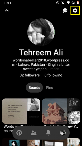 Profile settings on Pinterest app. 