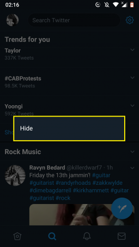 Hiding a trending topic in Twitter trends for Android. 
