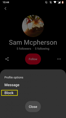 Blocking someone on Pinterest for Android after latest 2019 app updates. 