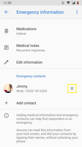 Removing an emergency contact from Android 9.