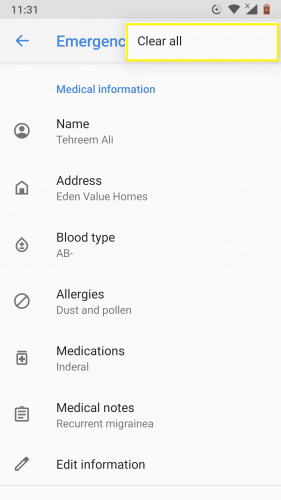 Clearing all entered emergency information from Android 9 in one go. 