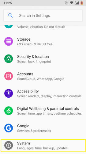 Getting to System page in Android 9. 