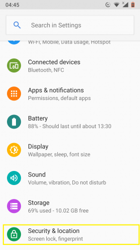 Security and location section on Android Nougat.
