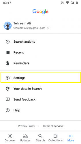 Settings of Google account on Android 9.