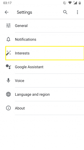 Managing Discover interests on Android 9.