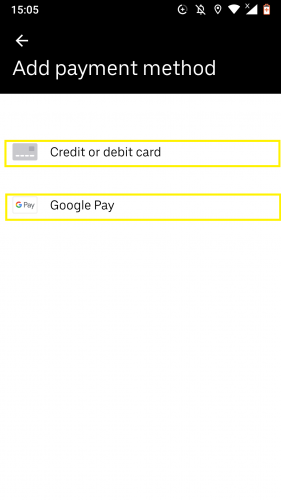 The two different payment methods on Uber. 