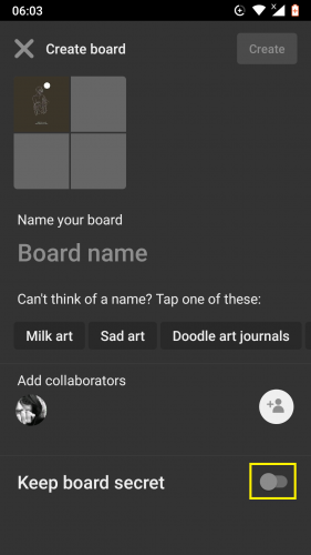 Turning toggle on for keeping a board secret on Pinterest for Android.