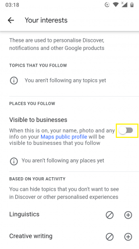 Making your profile visible to followed business pages on Discover (Android 9). 