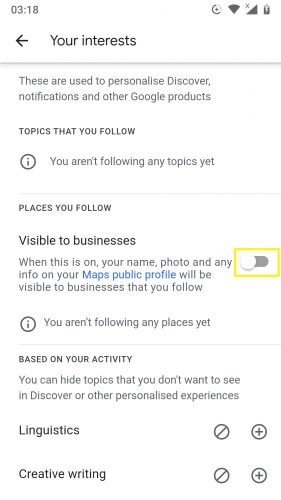 Making your profile visible to followed business pages on Discover (Android 9).