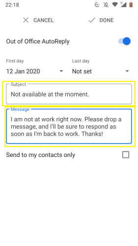 Typing in subject to set out of office autoreply in Gmail for Android.