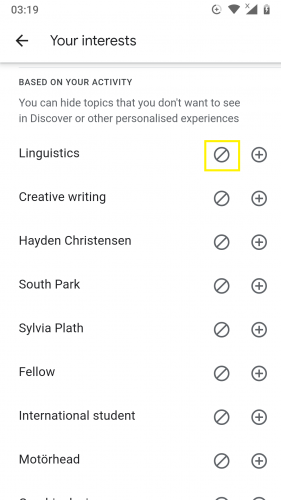 Hiding an interest on Discover on Android 9.