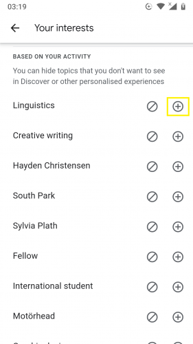 Following an interested topic from Discover on Android 9. 