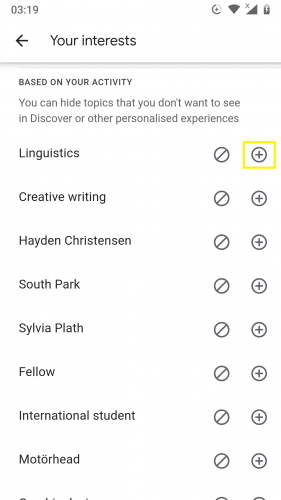 Following an interested topic from Discover on Android 9.
