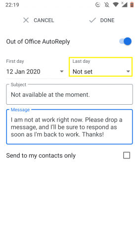 Setting last day to set out of office autoreply in Gmail for Android