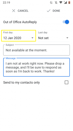 Setting first day to set out of office autoreply in Gmail for Android. 