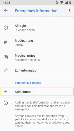 Adding an emergency contact in Android 9. 