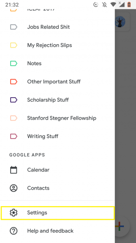 Going to settings to set out of office autoreply in Gmail for Android.