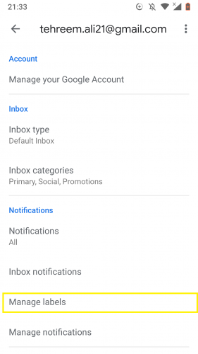 Going to manage labels in Gmail for Android.