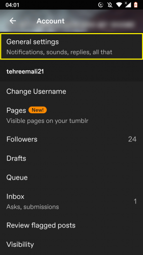 Accessing General account settings of Tumblr for Android.