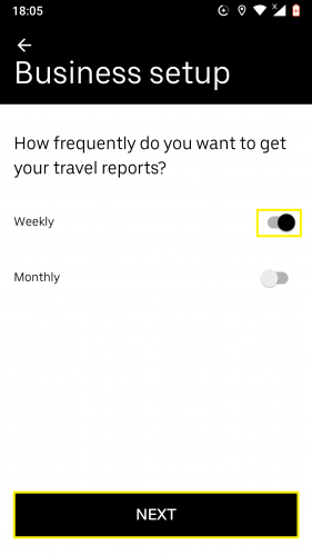 Setting up a business report time duration on Uber for Android.