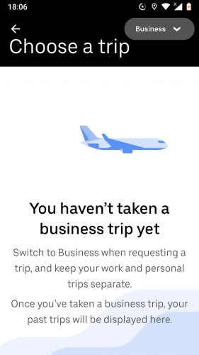 Business profile set up on Uber for Android.