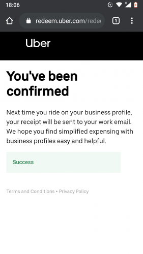 Business profile activation on Uber for Android.