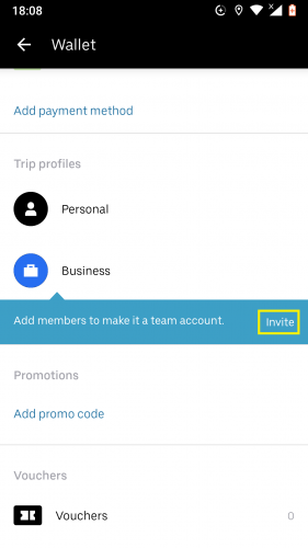 Inviting members in business profile on Uber for Android.