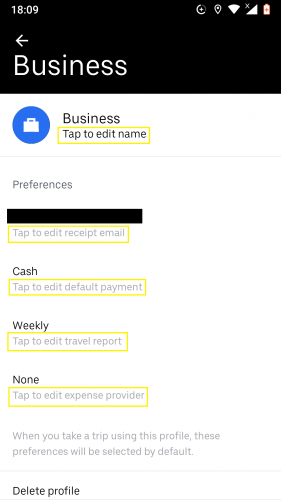 Editing business profile on Uber for Android.