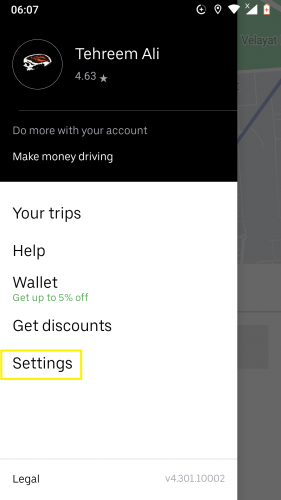 Settings in Uber for Android.