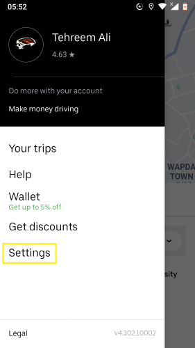 الإعدادات في Uber لنظام Android.