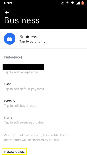 Deleting business profile on Uber for Android.
