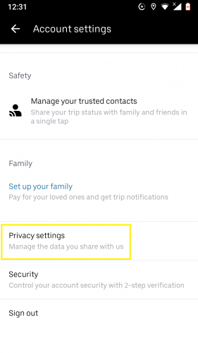 Privacy settings in Uber for Android.