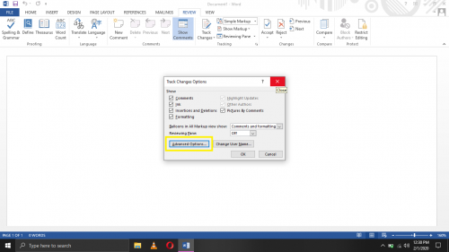 Advanced track changes options in Word 2013.