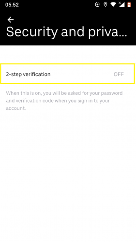 2-step verification on Uber for Android.