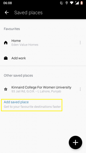 Adding a new saved place in Uber.