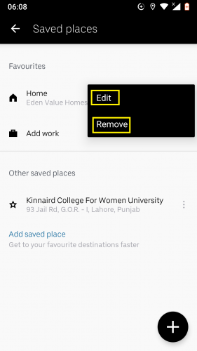 Editing and/or removing a saved place in Uber for Android.