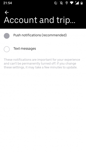 Turning push notifications for account and trip details off on Uber Android app.