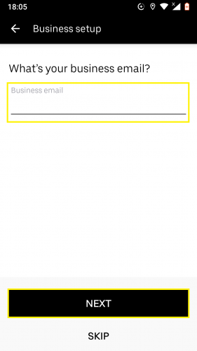 Adding a business email in Uber business profile for Android.