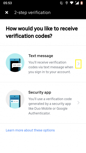 Setting up 2-step verification on Uber for Android.
