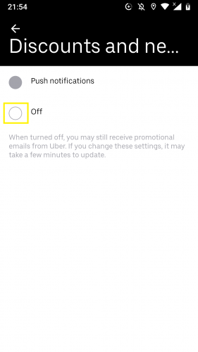 Turning push notifications off for discounts and news from Uber Android app.