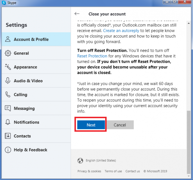 how to delete your skype account step 8